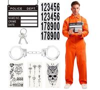 Costume Prisonnier Homme, 6 Combinaison Prisonnier Orange, Déguisement Terrifier Avec Menottes, Tatouages, étiquettes de Noms, Deguisement Halloween Homme Pour Halloween, Carnival et Jeu de Rôle (L)