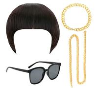 Costume Rétro Années 70 80 pour Hommes - Perruque Mullet avec Moustache, Lunettes, Chaîne en Or & Bague Dollar - pour Soirée Années 70 80, Déguisement Rock Star, Tenue Halloween