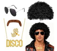 Costume Rétro Années 70 80 pour Hommes - Perruque Mullet avec Moustache, Lunettes, Chaîne en Or & Bague Dollar - pour Soirée Années 70 80, Déguisement Rock Star, Tenue Halloween