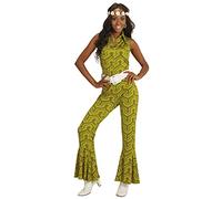 Costume rétro des années 70 avec motif de papier peint - Vert - Disco - Combinaison - Motif Batte 70 - Taille : L