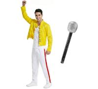 Costume rétro des années 80 Rock Queen avec micro pour homme - Look classique Rock Star - Costume d'Halloween pour fête musicale, festival, spectacle de scène, style légendaire