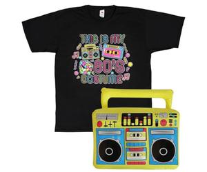 Costume rétro des années 80 - T-shirt « This is My 80s Costume » et accessoire gonflable Boombox - T-shirt graphique fluo et radio gonflable pour adultes