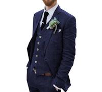 Men Suits Linen Navy Blue Blazer Vest Pants Set Summer Homecoming Tuxedos for Men 3 pcs Groomsmen Dress Suit NV-XL