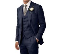 Costume rétro en lin pour homme - Costume de plage - Coupe ajustée - 3 pièces - Léger - Veste - Pantalon - Smoking, bleu marine, Taille M