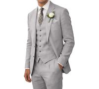 Suit for Men Linen 3 Pieces Gray Wedding Men Suits Slim Fit Homecoming Tuxedo Groomsmen Suit Blazer Vest Pant Light Weight GR-XXL