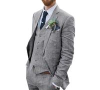Suit for Men Linen 3 Pieces Gray Wedding Men Suits Slim Fit Homecoming Tuxedo Groomsmen Suit Blazer Vest Pant Light Weight GR-XXL