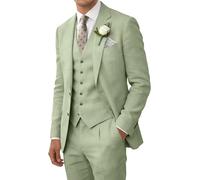 Costume rétro en lin pour homme, costume de plage, de mariage, d'été, coupe ajustée, 3 pièces, poids léger, veste gilet, pantalon, smoking, vert clair, Taille XL