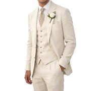 Wehilion Costume rétro en lin beige – Coupe ajustée, 3 pièces, revers crantés – Taille M
