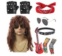 Costume Rocker Homme, Tenue Hippie Années 70 pour Cosplay, Tenue Style Punk avec Lunettes de Soleil et Perruque pour Fête Extérieure Festival Musical Spectacle Événements Halloween