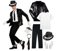 Costume Roi de la pop pour adulte - Accessoires de déguisement de danseur Rocker Star des années 80 avec chapeau à paillettes de jazz - Veste, pantalon, gants, cravate, chaussettes - King of Pop