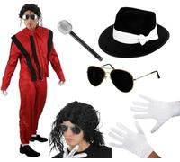 Costume Roi de la Pop pour adultes - Grande veste et pantalon rouge et noir, perruque afro décontractée, chapeau Fedora noir, lunettes de soleil, gants, microphone - Icône de musique des années 80