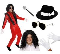 Costume roi de la pop pour enfants - Taille M - Veste et pantalon rouge et noir, perruque afro décontractée, chapeau Fedora noir, lunettes de soleil, gants, microphone - Icône de musique des années 80