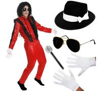Costume roi de la pop Veste et pantalon rouge et noir, chapeau Fedora noir, lunettes de soleil, gants, microphone Déguisement musical des années 80 pour Halloween
