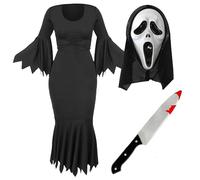 Costume Screamer pour femme - XS - Robe noire avec bords en lambeaux, masque fantôme à capuche et faux couteau - Déguisement d'Halloween pour adultes