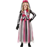Costume Squelette Fleurs Mexique Halloween Enfants Tenue de fête Décor floral Noir Rouge Blanc Rose Effroi Set complet Manches longues Jupe rayée Coiffeur, Taille : 98/104 Couleur : Noir
