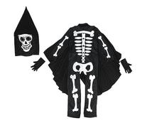 Costume squelette pour enfants - Combinaison 3 pièces avec chapeau, manches longues, barboteuse, gants, pantalon et cape (noir, 4 à 6 ans)