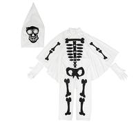 Costume squelette pour enfants - Costume squelette d'os avec chapeau, manches longues, barboteuse, gants, pantalon et cape - Combinaison 3 pièces pour Halloween (blanc, 4 à 6 ans)