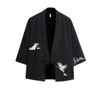 Costume Tang pour Jeunes Hommes Veste en Lin Costume Ancien Kimono Hanfu Robe taoïste Japonaise Haut rétro littéraire-Noir-L