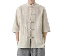 Costume Tang traditionnel chinois pour homme - Chemise unie en lin respirant pour Taiji Qi Gong Arts martiaux Wing Chun Shaolin Tai Chi Taekwondo, kaki, XXL