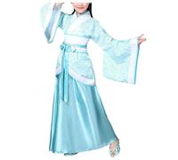 Costume Traditionnel Chinois pour Fille Ancien Costumes Accessoires avec Jupe midi Deguisement Chinoise Fille Traditionnel Folle Robe Filles Manches Longues Enfants Déguisements (Blue 01, 3-4 Years)