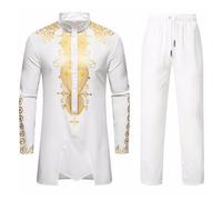 Costume traditionnel pour homme Middle East Thobe avec pantalon musulman à manches longues Caftan Dubaï Arab Vêtements islamiques Costume africain Dashiki Tenue africaine 2 pièces, O blanc., M