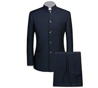Costume Tunique Chinoise 2 Pièces pour Hommes Ensemble Blazer à Col Mandarin Ensemble Pantalon Veste Boutonnée Robe de Marié Uniforme Traditionnelle (Bleu Foncé,4XL)