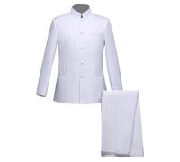 Costume Tunique Chinoise 2 Pièces pour Hommes Ensemble Blazer à Col Mandarin Ensemble Pantalon Veste Boutonnée Robe de Marié Traditionnelle Uniforme (Blanc 6,XL)