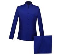 Costume Tunique Chinoise 2 Pièces pour Hommes Ensemble Blazer à Col Mandarin Ensemble Pantalon Veste Boutonnée Robe de Marié Traditionnelle Uniforme (Bleu Saphir 3,XL)