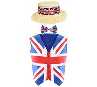 Costume Union Jack pour adulte - Grand gilet + nœud papillon et chapeau de paille avec bande Union Jack - Déguisement de roi du jour du Ve Jour du Commonwealth