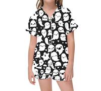 Costume Vampire Fille,Pyjama imprimé Halloween pour Filles vêtements de Nuit en Satin Doux Haut à Manches Longues avec Pantalon pour soirées Pyjama et Confort Ultime (Black, 8-9 Years)