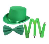Costume vert pour adultes - Chapeau en satin vert, nœud papillon et bretelles assortis - Idéal pour la Saint-Patrick, les célébrations irlandaises, les productions, les défilés et les déguisements