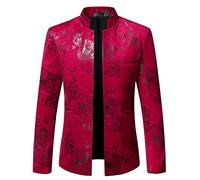 Costume Veste Homme Slim Fit Impression Stand-Up Collar Blazer Veste Homme Urbain Décoration De Poche Casual Veste Homme Performances Style Britannique Manches Longues Veste Homme A-Red L