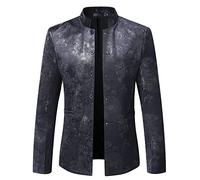 Costume Veste Homme Slim Fit Impression Stand-Up Collar Blazer Veste Homme Urbain Décoration De Poche Casual Veste Homme Performances Style Britannique Manches Longues Veste Homme B-Navy XL