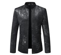 Costume Veste Homme Slim Fit Impression Stand-Up Collar Blazer Veste Homme Urbain Décoration De Poche Casual Veste Homme Performances Style Britannique Manches Longues Veste Homme C-Black XL