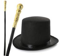 Costume victorien pour adulte - Chapeau haut-de-forme et canne dorée - Fête, Semaine mondiale du livre, kit d'Halloween, costume de maître de bague