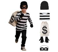 Costume Voleur Halloween Enfant Garçon T-Shirt Rayé Masque Bonnet Gants | Ensemble haut à motifs, bonnet tricoté, cache yeux, sac à butin, gants noirs, tissu doux, idéal pour fête costumée carnaval