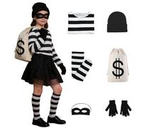 Costume Voleur Halloween Enfant Garçon T-Shirt Rayé Masque Bonnet Gants | Ensemble haut à motifs, bonnet tricoté, cache yeux, sac à butin, gants noirs, tissu doux, idéal pour fête costumée carnaval