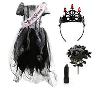 Costume zombie pour fille - Déguisement gothique gris et noir - Robe de bal, couronne, écharpe de reine, bouquet de roses et rouge à lèvres noir - Taille XL