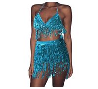 Costumes Danse Orientale Ensemble Femme Danse Orientale Paillettes Haut dos à Franges + Jupe Courte Paillettes Robe Dancer Latine Tango Orientales Tenue de Dancer du Ventre (01 Light blue, One Size)