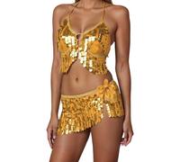 Costumes Danse Orientale Ensemble Femme Danse Orientale Paillettes Haut dos à Franges + Jupe Courte Paillettes Robe Dancer Latine Tango Orientales Tenue de Dancer du Ventre Soirée, (04 Gold, One Size)