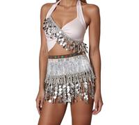 Costumes Danse Orientale Ensemble Femme Danse Orientale Paillettes Haut dos à Franges + Jupe Courte Paillettes Robe Dancer Latine Tango Orientales Tenue de Dancer du Ventre (03 Silver, One Size)