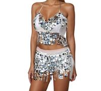 Costumes Danse Orientale Ensemble Femme Danse Orientale Paillettes Haut dos à Franges + Jupe Courte Paillettes Robe Dancer Latine Tango Orientales Tenue de Dancer du Ventre (02 White, One Size)