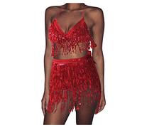 Costumes Danse Orientale Ensemble Femme Danse Orientale Paillettes Haut dos à Franges + Jupe Courte Paillettes Robe Dancer Latine Tango Orientales Tenue de Dancer du Ventre Soirée, (01 Red, One Size)