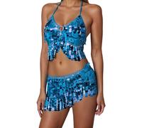 Costumes Danse Orientale Ensemble Femme Danse Orientale Paillettes Haut dos à Franges + Jupe Courte Paillettes Robe Dancer Latine Tango Orientales Tenue de Dancer du Ventre Soirée, (04 Blue, One Size)