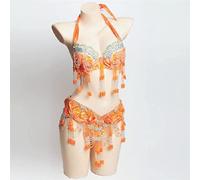 Costumes de Danse du Ventre avec Glands pour Femmes Carnaval Festival Performance Dancer Outfits Belly Dance Beaded Bra and Belt Set (Orange L)