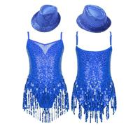 Costumes de danse pour filles Justaucorps sans manches avec chapeau pour jazz danse latine scène spectacle, bleu, 44