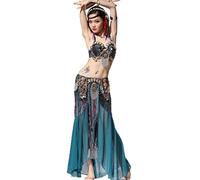 Costumes de Danseuse du Ventre tribale pour Femmes Tenue de Danse de Carnaval Tenue de Danse du Ventre Haut Soutien-Gorge et Jupes Fendues de Danse du Ventre (Bleu XL)