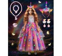 Costumes de Princesse pour Filles,Déguisement de Licorne Lumineux, Robe Princesse Fille avec Serre-Tête, Couronne et Collier, Déguisement de Licorne pour Fête, Anniversaire, Carnaval et Cosplay (110)