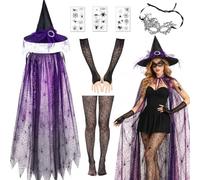 Costumes de sorcière d'Halloween pour femme, 8 pièces violet/noir sorcière | Costume de sorcière d'Halloween pour femme avec cape en toile d'araignée de 142 cm, chapeau de sorcière