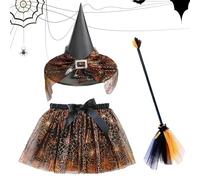 Costumes de sorcière d'Halloween pour filles - Ensemble de costume de sorcière pour cosplay avec balai et jupe - Costume d'Halloween réglable pour adolescents garçons filles